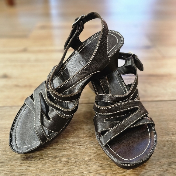 Dockers Shoes - Dockers Womens Size 6M Brown Leather Sandals Wedge Heels Shoes White Stitch